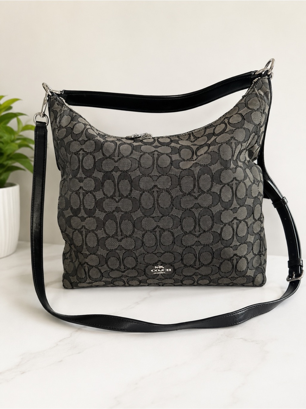 Coach Signature Jacquard Convertible Hobo/Shoulder Crossbody Bag Black Gray
